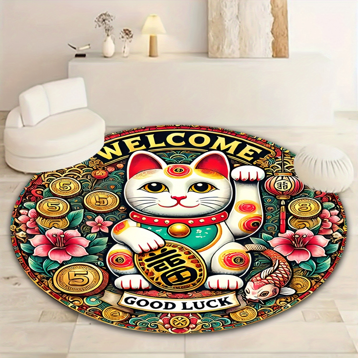 Chinese Lucky Cat Round Rug We - Home Goods Bathroom Mats avis et prix